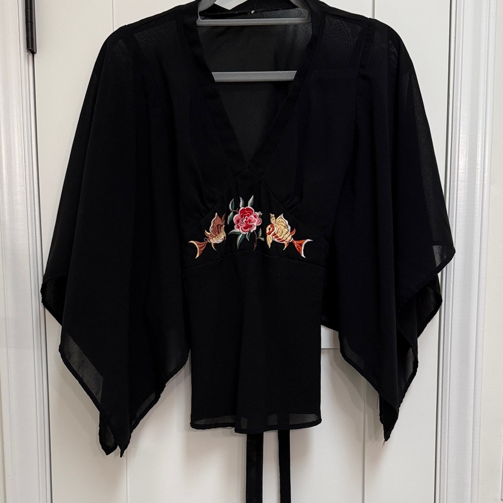 Black Floral Embroidered Women's Top